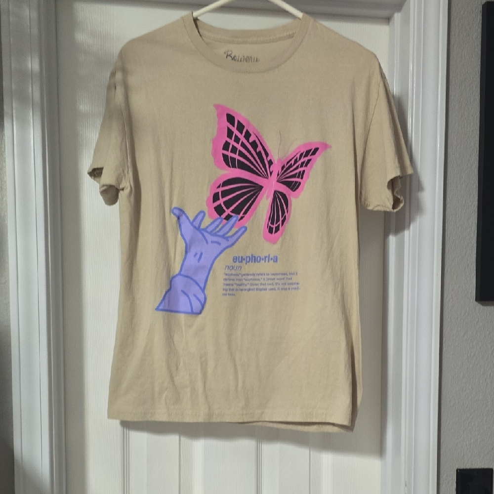 Riot Society Beige Tee with Pink Butterfly Design